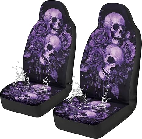 Skull Rose Car Seat Covers 2 Pcs Stretch Polyester Fabric Cover Waterproof Car Seat Cover Easy Installation Universal Size Fit for Most Cars SUVs Trucks Vans - sugar skull car seat covers set