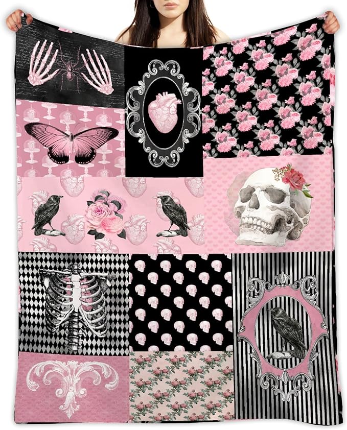 Gothic Collage Rose Skull Butterfly Skeleton Retro Blanket Gift for Girl Boy, Gothic Throw 50 x 60 Inch Lightweight Soft Cozy Blankets for Couch Bed Sofa Chair - sugar skull throw blanket