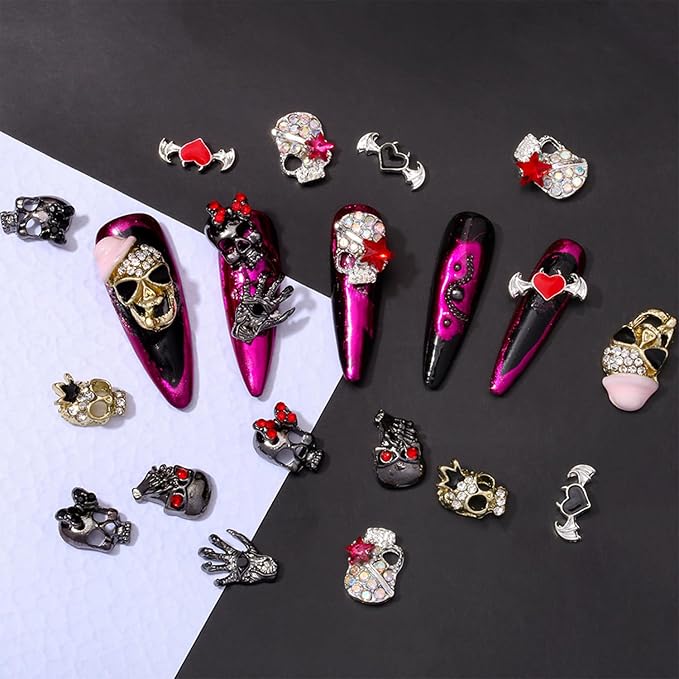 20 Pcs Halloween Nail Charms Punk Skull Nail Charms Alloy Rhinestones Halloween Heart Goth Hand Nail Art Decoration for Women DIY Nail Accessories - sugar skull nail art