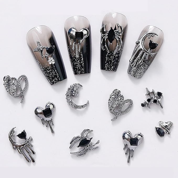32 Pcs Halloween Nail Charms Punk Metal Spider Skull Nail Charms Alloy Rhinestones Halloween Nail Art Decoration for Women DIY Nail Accessories - sugar skull nail art