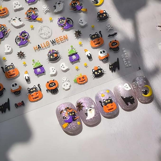Halloween Nail Art Sticker Cute Ghost Nail Stickers Pumpkin 5D Self-Adhesive Nail Decals Black Cat Nail Art Sugar Skull Nail Supplies Accessories Decoration for Women and Girls - sugar skull nail art