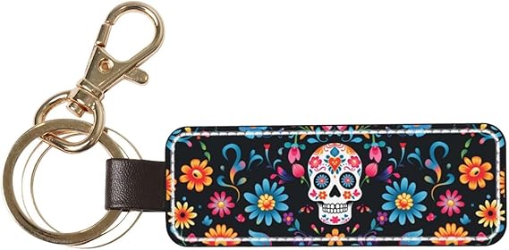 Leather PU Keychain for Car Motorcycle Rectangular Holder for Women Men,3 inche - sugar skull plates set