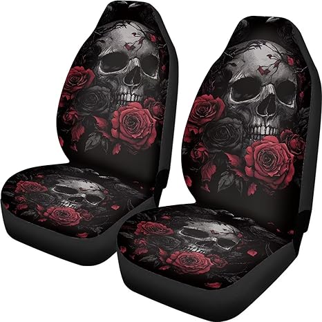 Red Rose Skull Car Seat Covers for Front Seats Only, Car Seat Protector Cushion, Vehicle Seat Protectors for Most Cars, SUV Truck Van Sedans - sugar skull car pet seat cover