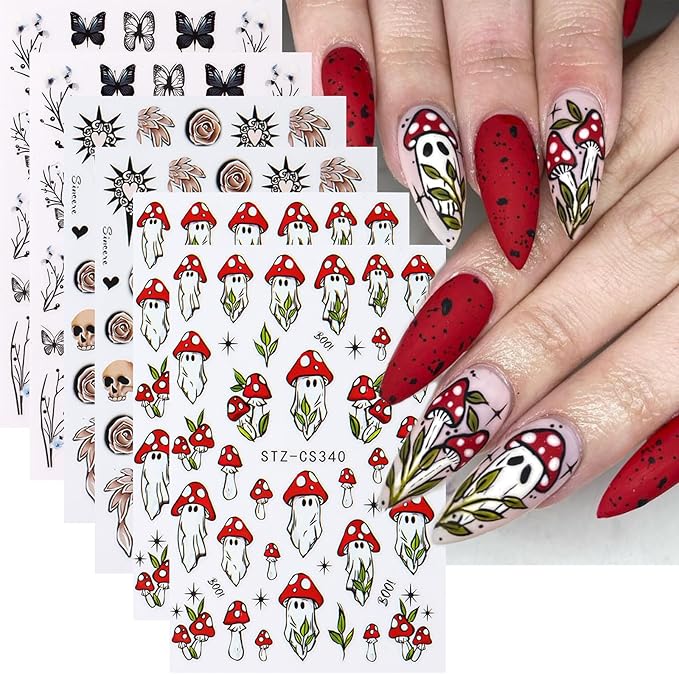 6 Sheets Halloween Nail Art Stickers Flower Butterfly Nail Stickers 3D Self-Adhesive Halloween Skull Black Rose Mushroom Design Nail Decals Nails Supplies for Women Autumn Nail Decor - sugar skull nail art