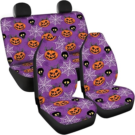 Car Seat Covers Full Set of 4 for Women Men Pumpkin Skull Front Back Seat Protector Cover Nonslip Halloween Car Decor Accessories for Vehicle Car SUV Truck - sugar skull car pet seat cover