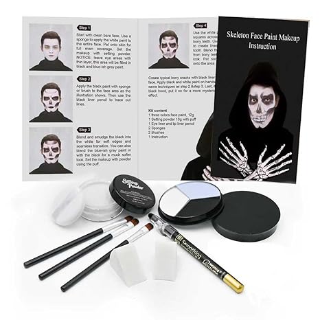 Professional Halloween Skeleton Makeup Kit, Full Face & Body Paint Set with Dual-End Brushes, Setting Powder & Easy-Grip Sponges, Ideal for SFX - sugar skull makeup kit