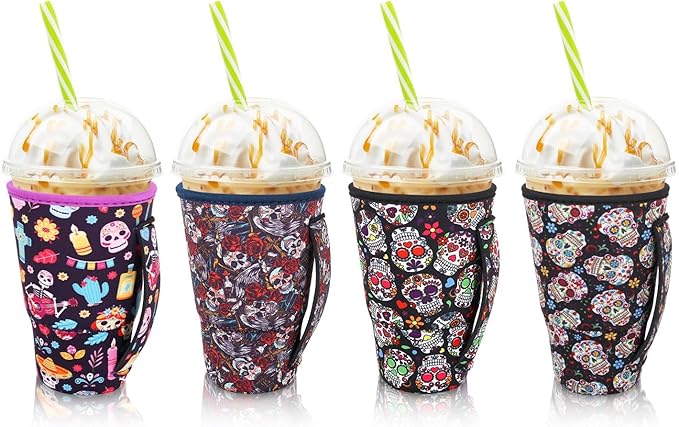 4Pack Reusable Iced Coffee Sleeve Insulator Sleeves for Cold Drinks Beverages, Neoprene Cup Holder for Most Coffee, Fits 30-32oz Large Cups (Sugar Skull) - sugar skull tumbler with straw