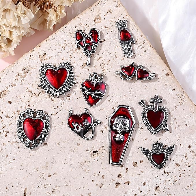 20 Pcs Halloween Nail Charms Metal Goth Skull Nail Charms Alloy Vintage Heart Halloween Nail Art Decoration for Women DIY Nail Accessories - sugar skull nail art