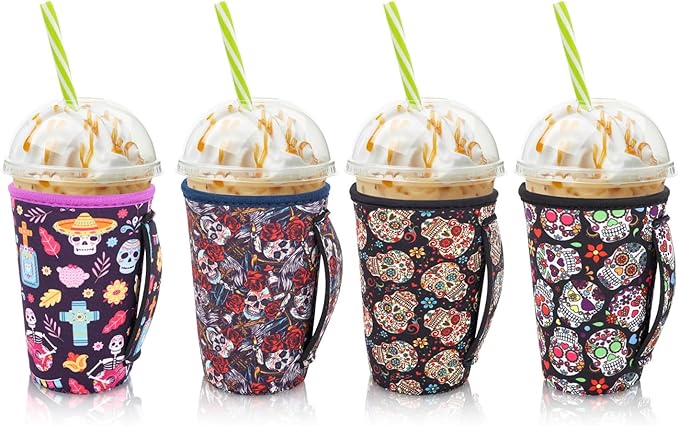 4Pack Reusable Iced Coffee Sleeve Insulator Sleeves for Cold Drinks Beverages, Neoprene Cup Holder for Most Coffee, Fits 22-24oz Medium Cups (Sugar Skull) - sugar skull coffee cup