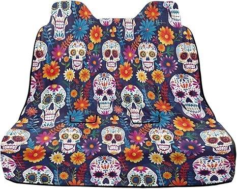 Sugar Skull Flower Print Car Seat Towel Cover Stretch Rear Bench Cars Seat Covers Towel Wear-Resistan Cars Seat Towels for Sweat Car Interior Decoration - sugar skull car pet seat cover