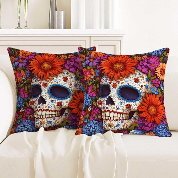 Day of The Dead Skull Throw Pillow Covers 18x18 Set of 2 | Sugar Skull Decorative Cushion Covers with Hidden Zipper for Home Décor | Floral Skeleton Pillowcases for Couch Sofa - sugar skull throw pillow