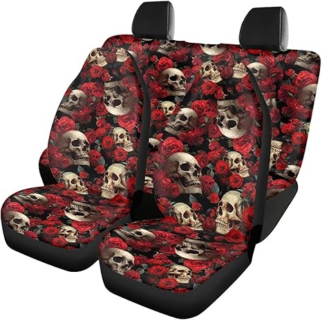 Red Rose Skull Set Car Seat Cover for Women Universal Automotive Seat Cover Bucket Seat Cover Front Seat Cover and Split Bench Seat Cover - sugar skull car pet seat cover