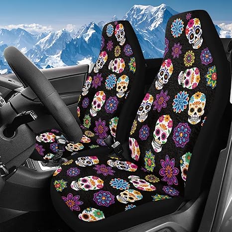Bulopur Floral Sugar Skull Car Front Seat Covers Front Seats Soft Cold Weather Auto Seat Cover Cozy Vehicle Bucket Cover for Cars Van Truck SUV Sedans - sugar skull car pet seat cover