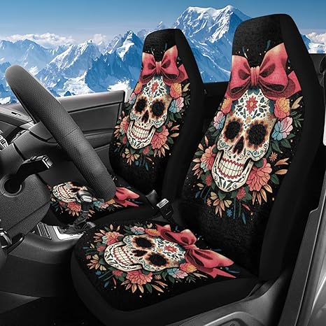Bulopur Floral Sugar Skull Vehicle Bucket Seat Cover Set of 2 Fluffy Cold Weather Auto Seat Covers Plush Car Seat Cushion for SUV Truck Van Sedans Cars - sugar skull car pet seat cover