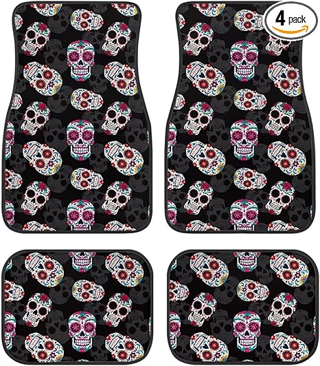 Auto Heavy Duty Rubber Floor Mats All Weather Sugar Skull Car Mats Universal Floor Mats for Sedan, SUVs, Truck, Vans Set of 4 - sugar skull area rug