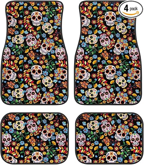 Sugar Skull Car Floor Mats for Cars,SUV,Sedans - Soft Car Mats Full Set Rubber Automotive Carpet with Anti-Slip Backing, Easy to Clean - sugar skull area rug