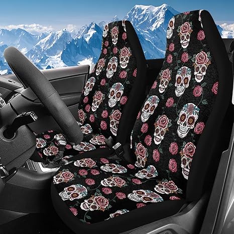 Bulopur Fuzzy Auto Seat Covers Set Thick Cold Weather Sugar Skull Print Car Bucket Cushion Soft Plush Car Front Seat Covers for Sedans Truck SUV - sugar skull car pet seat cover