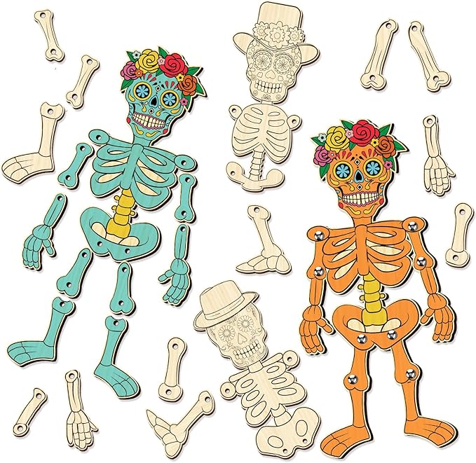 Soulchen 12 Pcs Day of The Dead Wooden Unfinished Color Your Own Sugar Skull Puppet Kits Crafts DIY Painting Day of The Dead Wooden Cutout Hanging Slices Crafts Arts for Halloween Party Favors - sugar skull christmas ornament