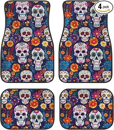 Sugar Skull Car Floor Mats Rubber Automotive Floor Mats Full Set Non-Slip Vehicle Interior Accessories 4 Pack Universal Fit - sugar skull car floor mats
