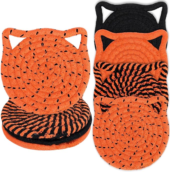 Whaline Halloween Cat Ear Shape Cotton Coasters Black Orange Cat Ear Handmade Braided Drink Coasters Absorbent Cup Mats for Trick or Treat Party Home Table Decor, Set of 4 - sugar skull coasters set