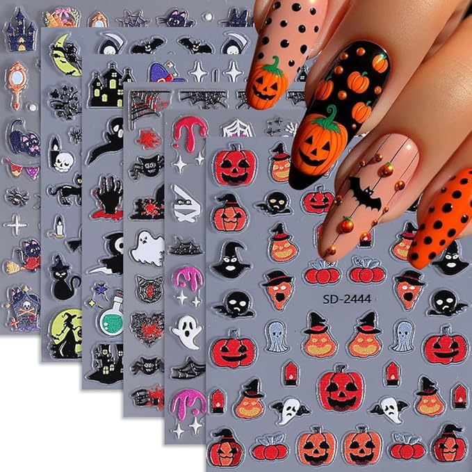 Halloween Nail Stickers, Halloween Nail Art Decals 5D Embossed Owl Witch Ghost Skull Spider Web Black Cat Pumpkin Nail Design DIY Holiday Nail Decoration for Party (6 Sheets) - sugar skull nail art