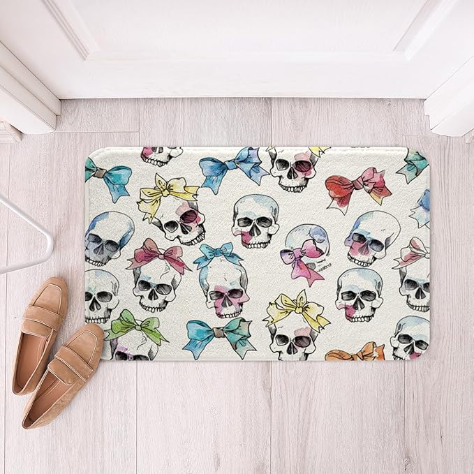 Erosebridal Bow Sugar Skull Bathroom Rugs 20" x 32" Colorful Bowknot Bath Mat Hand Drawn Skeleton Doormat Halloween Horror Theme - sugar skull toilet mat set