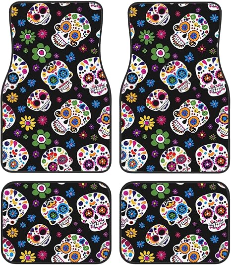 Skull Rose Flower Car Floor Mats 4 Pieces Set Sugar Skull Car Floor Liners Full Set Front and Rear All Weather Waterproof Auto Carpets for Truck SUV Van Sedans - sugar skull car floor mats