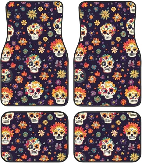 Mexico Skull Flower Car Floor Mats 4 Pieces Set Sugar Skull Car Floor Liners Full Set Front and Rear All Weather Waterproof Auto Carpets for Truck SUV Van Sedans - sugar skull car floor mats