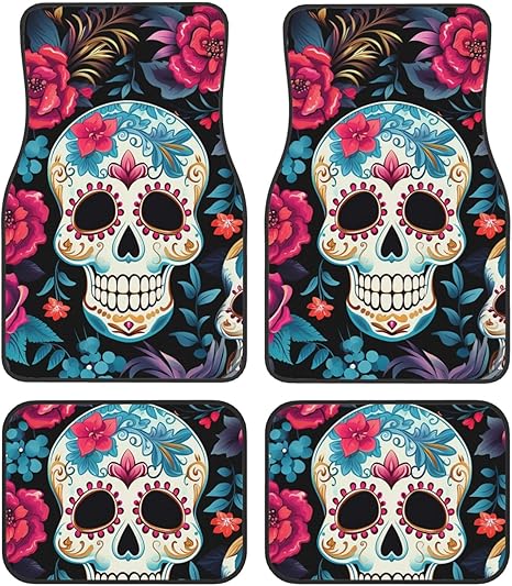 Sugar Skeleton Car Floor Mats 4 Pieces Set Day of The Dead Skull Car Floor Liners Full Set Front and Rear All Weather Waterproof Auto Carpets for Truck SUV Van Sedans - sugar skull area rug