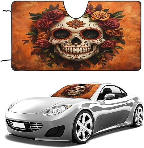 Sugar Skull with Roses Windshield Sun Shade Foldable Windshield Cover Blocks UV Rays Car Interior Accessories - sugar skull car sunshade for windshield