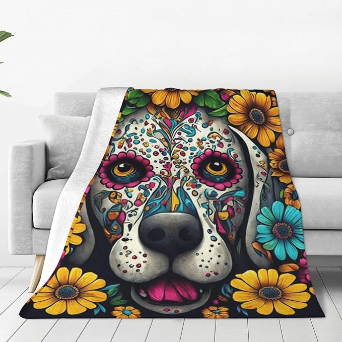 Soft Day Dead Dog Sugar Skull Flower Art Throw Blankets, Sherpa Plush Velvet Sleeping Blankets Throw Wearable Cuddle, Warm Blankets for Sofa Couch Winter/Autumn, 40"x50" - sugar skull throw blanket
