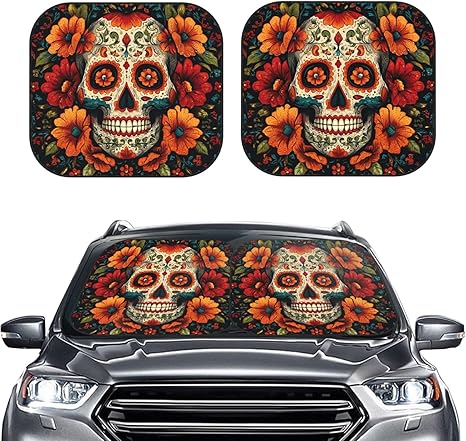 Car Windshield Sun Shade Cover Colorful Sugar Skull Sunshade Foldable for Truck Car Windshield Cover for Most Sedans Small - sugar skull car sunshade for windshield