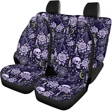 Halloween Skull Rose Cat Automotive Front and Rear Seat Covers,Universal Fit Interior Accessories for Cars, Breathable 4 Pieces Vehicle Cushion - sugar skull car pet seat cover