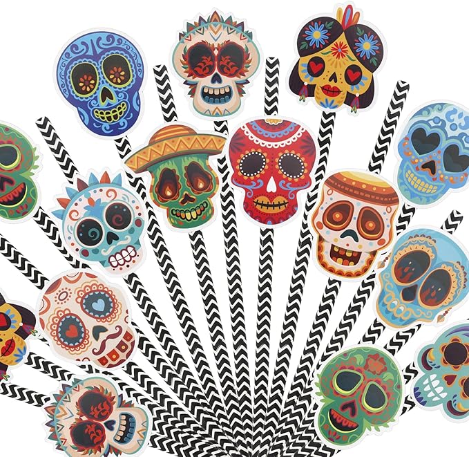 24PCS Dia De Los Muertos Party Supplies, Sugar Skull Printed Biodegradable Straws, Mexican Festival Themed Eco-Friendly Drinking Straws for Day of the Dead Celebrations - sugar skull coffee cup