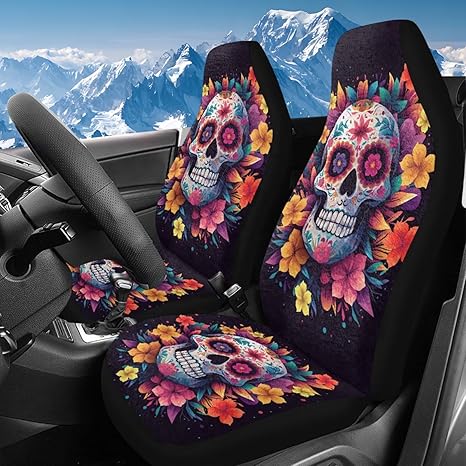 Bulopur Sugar Skull Car Seat Cover Set Soft Winter Auto Bucket Cushion Thick Warm Auto Drive Seat Covers for Dog Pet Protective Blanket Removable Car Accessories - sugar skull car pet seat cover