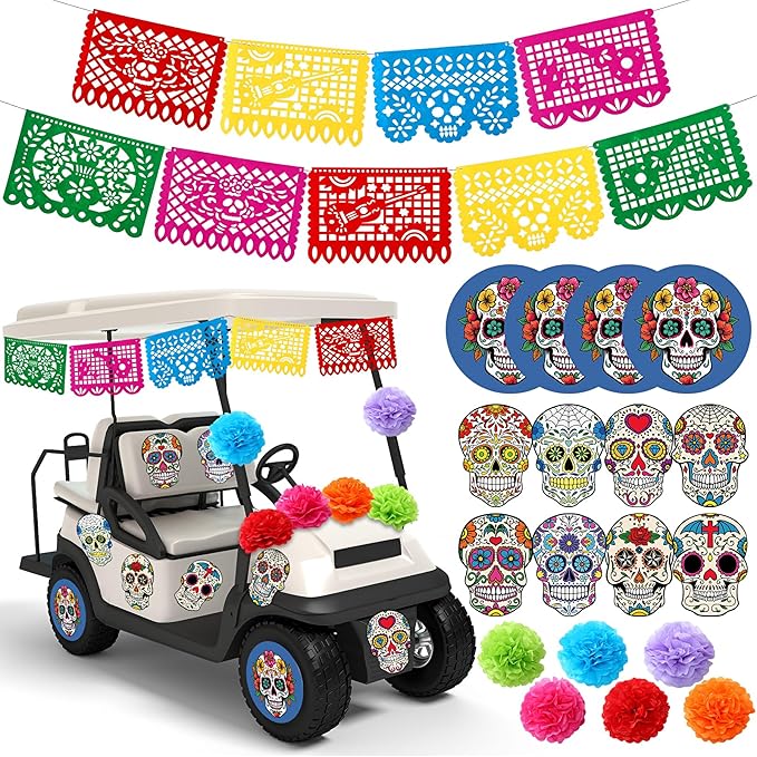 Faccito 19 Pcs Day of The Dead Golf Cart Decorations Dia De Los Muertos Car Decoration Picado Fiesta Banner Pom Poms Sugar Skull Stickers for Halloween Golf Cart Party Decor - sugar skull vinyl sticker