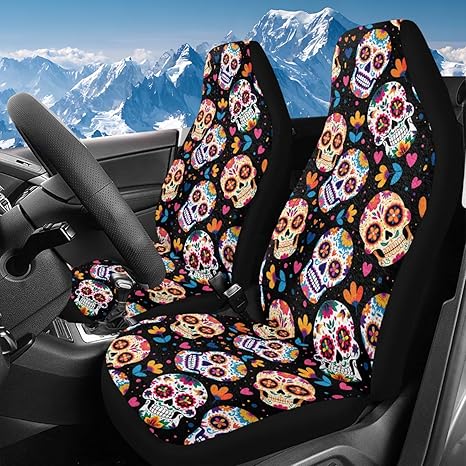 Bulopur Sugar Skull Front Car Seat Covers Front Seats Fuzzy Thick Warm Vehicle Seat Covers Elastic Car Bucket Cushion for Truck Van SUV Cars Sedan - sugar skull car pet seat cover