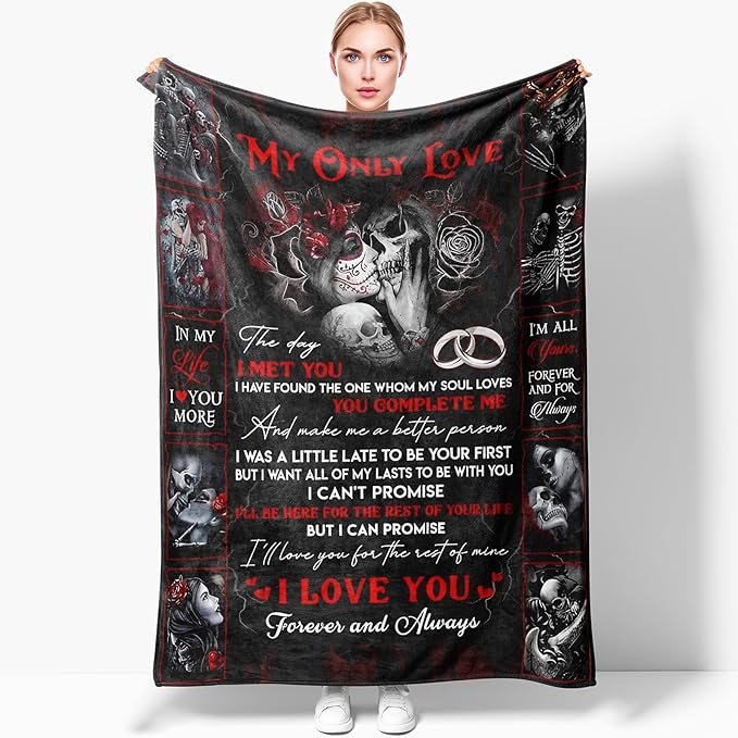 Gothic Romance Sugar Skull Love Blanket - Day of The Dead Couple Kissing Design with Skeleton Motorcycle & Rose Motifs - Dark Red Gothic Decor Throw for Bedroom, Couch 50x40inch - sugar skull throw blanket