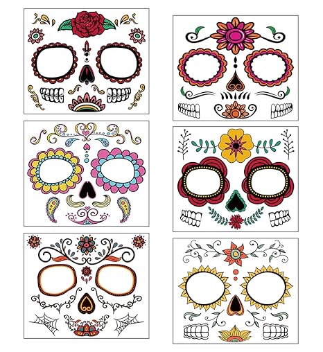 24PCS Sugar Skull Face Temporary Stickers - Day of the Dead Halloween Masquerade Party Decorations Supplies - sugar skull temporary tattoo