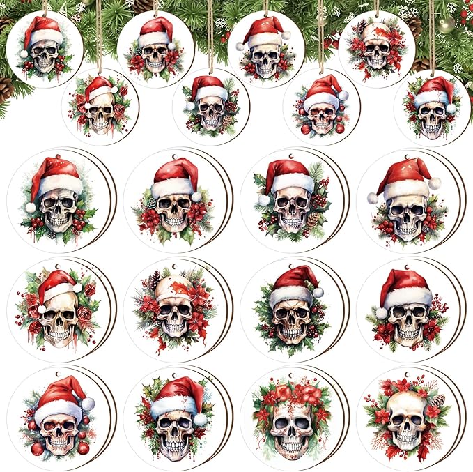 36 Pcs Christmas Skull Tree Ornaments Halloween Christmas Skeleton Tree Wooden Hanging Ornament Funny Gothic Skulls Head Small Skeleton Head Hanging Decoration for Holiday Spooky Party Decorations - sugar skull christmas decorations