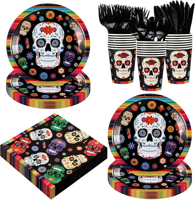 168 Pcs Day of the Dead Party Decorations for 24 Guests Dia De Los Muertos Party Paper Plates and Napkins Set Mexican Sugar Skull Disposable Tableware Halloween Holiday Favors Supplies - sugar skull plates set