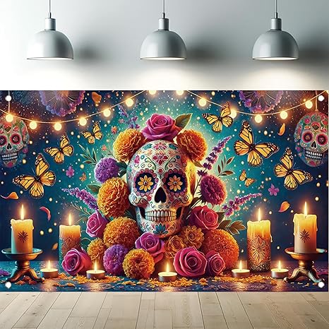 Halloween Backdrop 71 x 43 Inch Sugar Skull Butterfly Day of The Dead Background Dia de Los Muertos Photo Backdrop Halloween Party Wall Banner Decoration for Fall Festival Indoor Decor - sugar skull candle holder