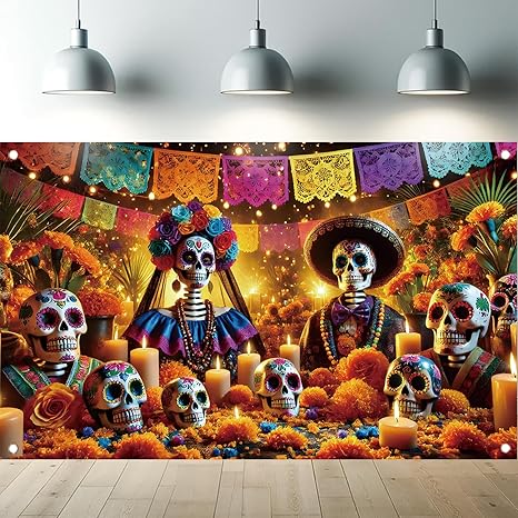 Halloween Backdrop 71 x 43 Inch Dia de Los Muertos Skeleton Banner with Colorful Sugar Skulls Picado Day of The Dead Photo Background for Indoor Outdoor Fall Halloween Party Decorations - sugar skull candle holder