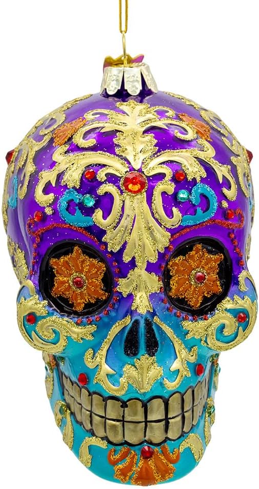 Kurt Adler 4.75" Bellissimo Glass Sugar Skull Ornament - sugar skull christmas ornament