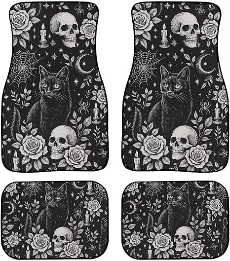 Gothic Skull Carpet Vehicle Floor Mats Retro Halloween Cat Skull 4Piece Universal Floor Mat Interior Horrible Gothic Black Cat Rose Accessories Ant Slip Mats for 1st Row - sugar skull floor mat