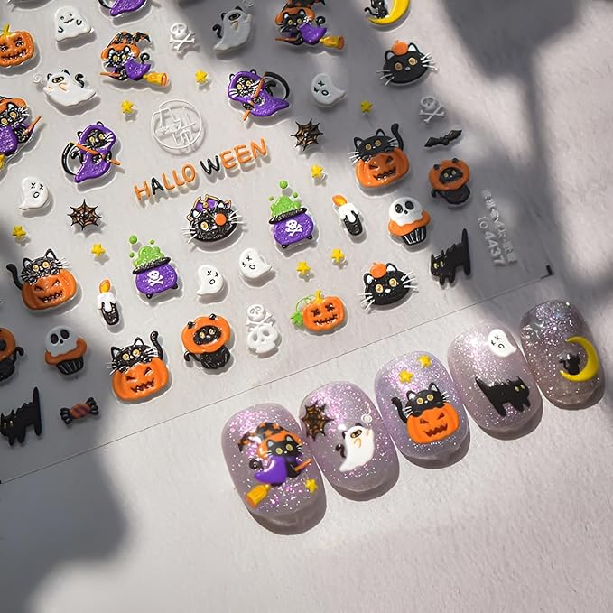 Halloween Nail Art Stickers 5D Embossed Nail Decals Pumpkin Cute Ghost Nail Stickers Skull Spider Web Design Halloween Nail Art Supplies DIY Manicure for Women Girls - sugar skull nail art