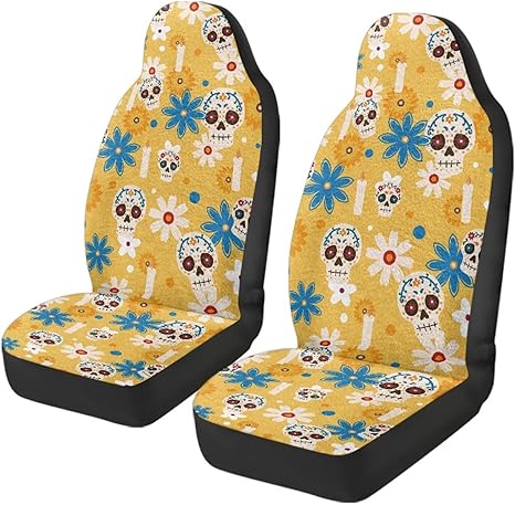 Tupalatus Sugar Skulls Car Seat Cover Set of 2 Warmth Protector Front Seats Elastic Soft Automotive Interior Seat Covers All-Season Protection Fits Most Cars, Trucks, SUVs - sugar skull car seat covers set