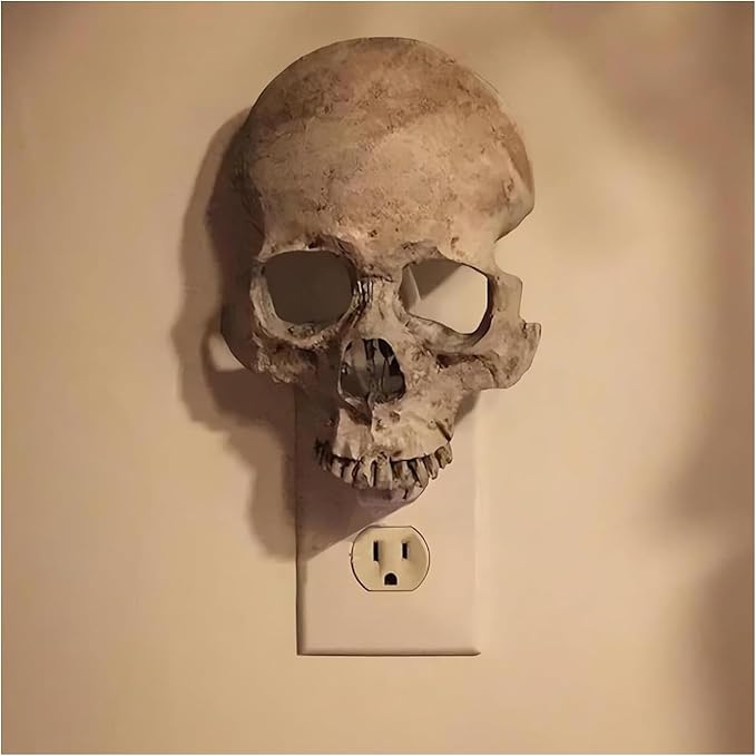 Skull Night Light for Halloween – Plug in Skeleton Wall Lamp with Realistic Glow, Creepy LED Human Skull Decor for Party, Bedroom & Home Décor, Flame-Like Atmosphere (Cinnamon) - sugar skull table lamp