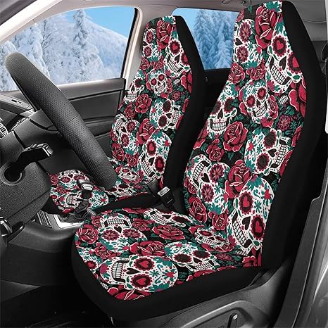 KEIAHUAN Red Rose Sugar Skull Car Seat Cover Plush Warm Auto Front Seat Cushion Cover Soft Bucket High Back Seat Auto Seat Covers Fits Most Sedan/Truck/SUV/Van - sugar skull car seat covers set