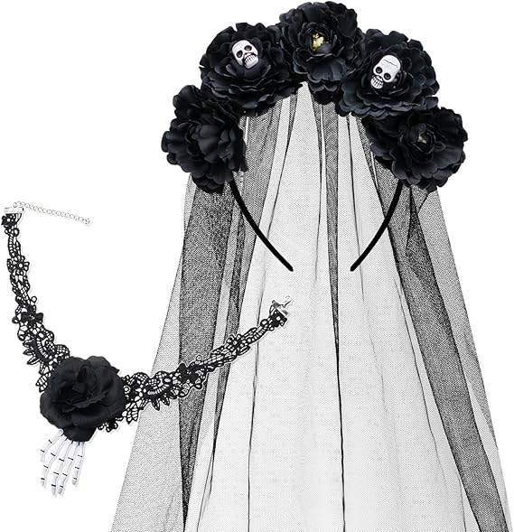 2Pcs Halloween Rose Veil Headband and Black Skeleton Hand Lase Choker, Skull Hair Band Flower Crown Day of The Dead Headpiece - sugar skull flower crown